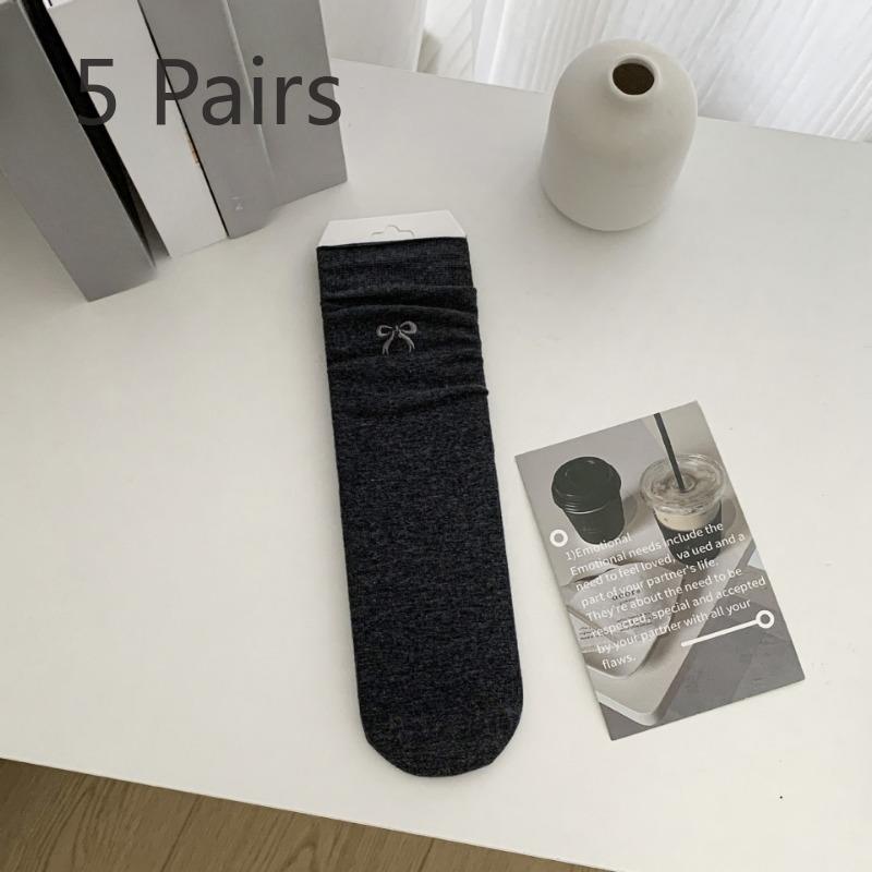 5 Pairs of Summer Women's Thin Ballet Style Fashionable Embroidered Bow Sweat Absorbing and Breathable Mid Calf Socks