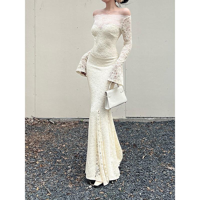 Ilya One-word Shoulder Lace Dress Women, French Long-sleeved Slim-fit High-end Temperament Dress Women