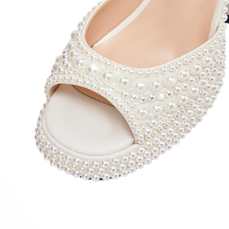 Fashion Women's New European and American Nightclub Princess Flower Buckle Pearl Thick Bottom Fish Mouth Open Toe Large Heel Sandals