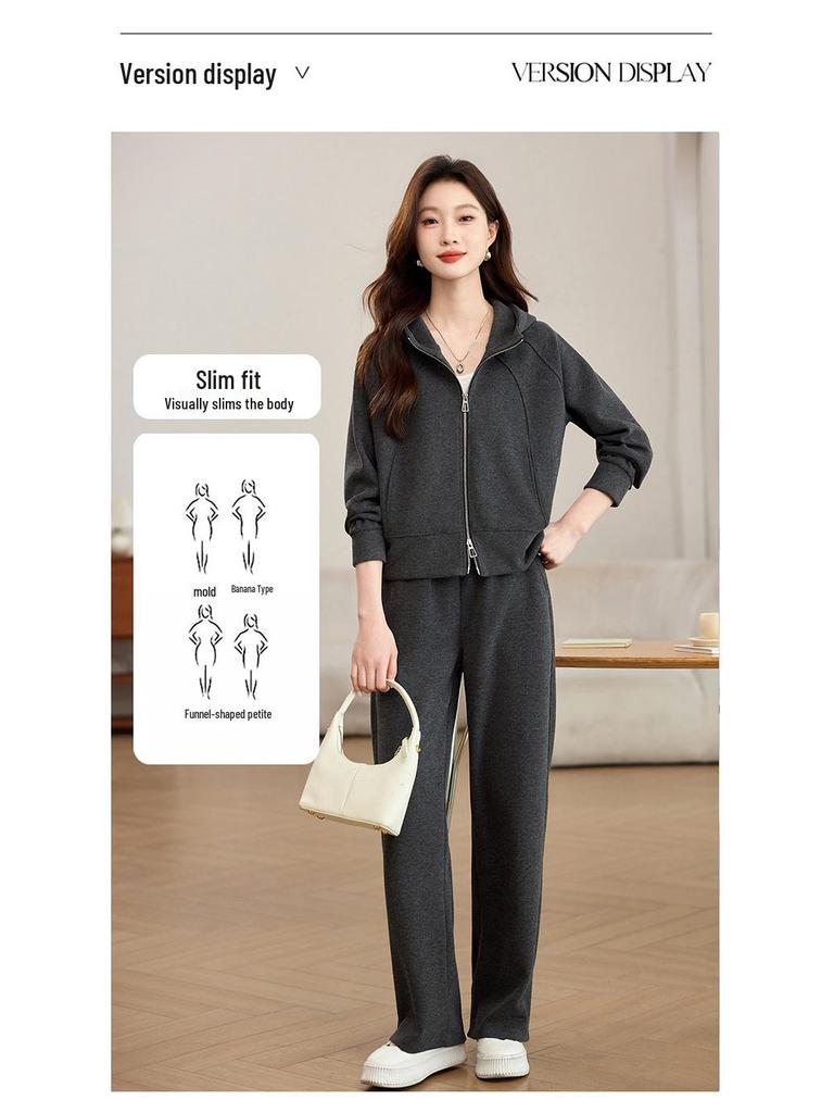 2025 Spring/Autumn Women's Petite Hooded Knit Tracksuit: Sweatshirt & Wide-Leg Pants Set