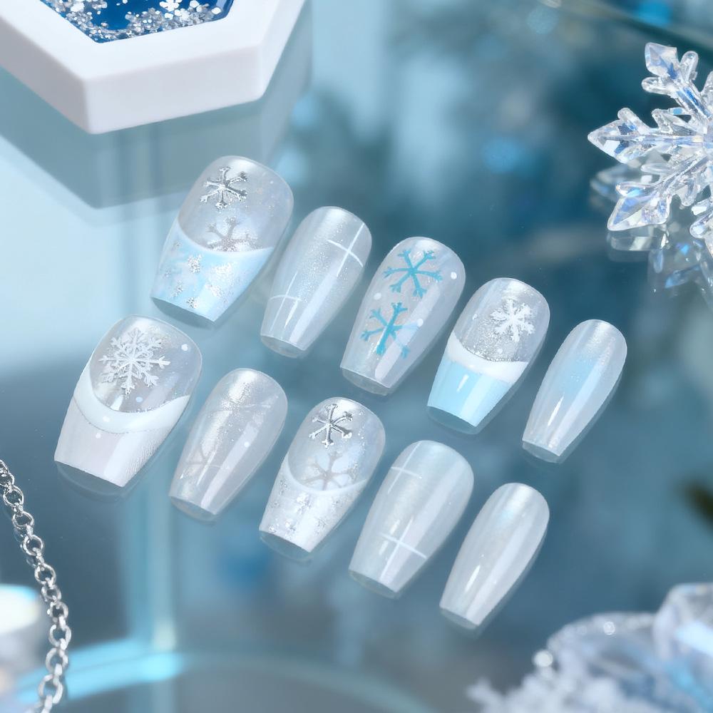 Snowflake Cat Eye Christmas Nails - French Blue & Pink, Detachable Art, 30-Piece High-End Set