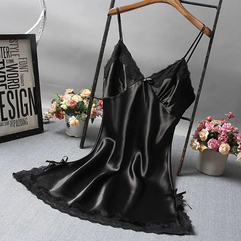 Niedliches Spitzen-Cami-Patchwork-Damen-Nachthemd Seidenkleid Schleifen Lingerie Nachthemd Damen