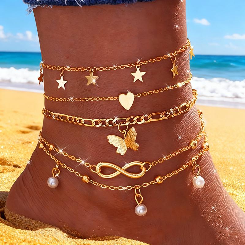 1set Gold Color Simple Chain Anklets For Women Beach Foot Jewelry Leg Chain Ankle Bracelets Women Accessories