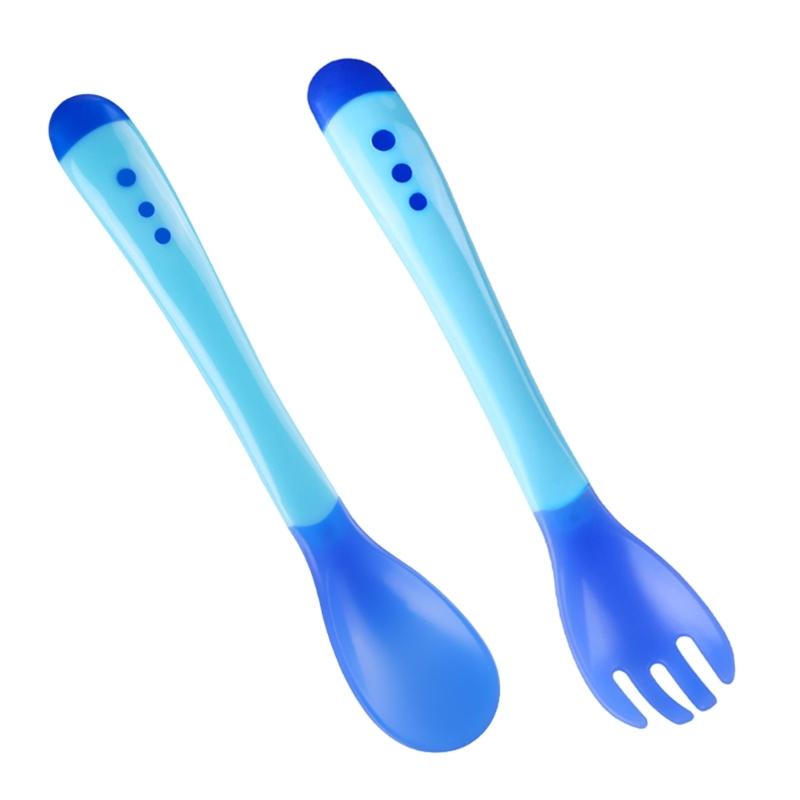 

2pcs Baby Temperature Sensing Tableware Set Utensil Toddler Dinnerware Cutlery Cartoon Infant Food Feeding Spoon Fork 1 синій
