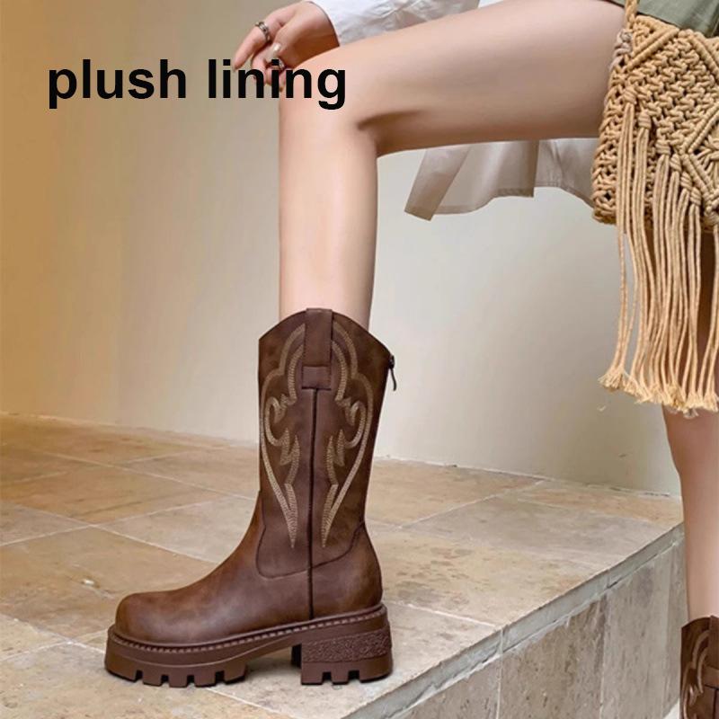 Women Boots Winter Boots Shoes Retro Thick-soled Versatile Western Cowboy Boots Female Shoes Women Winter Boots Shoes