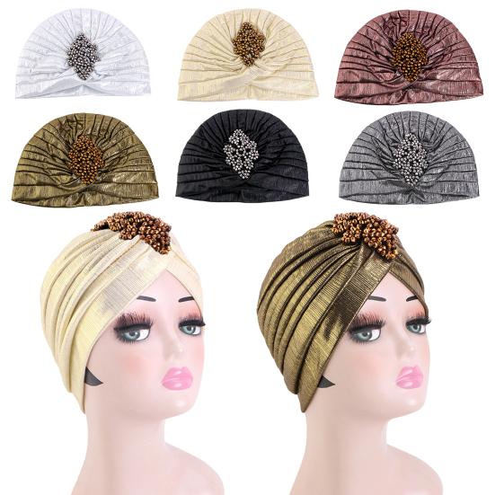 Damer Topphatt Rombus Rhinestones Dekor Plissert Turbanhatt Gullbelagt Pyntet Hatt Elastisk Design Hodeplagg