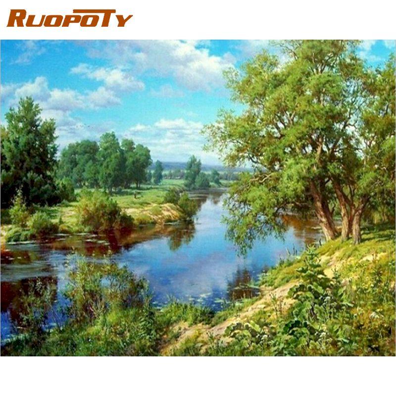 RUOPOTY Mountain River Diy Painting By Numbers Kit Modern Wall Art Landscape Acrylic Paint For Home Decor Artwork 40x50CM Frameless