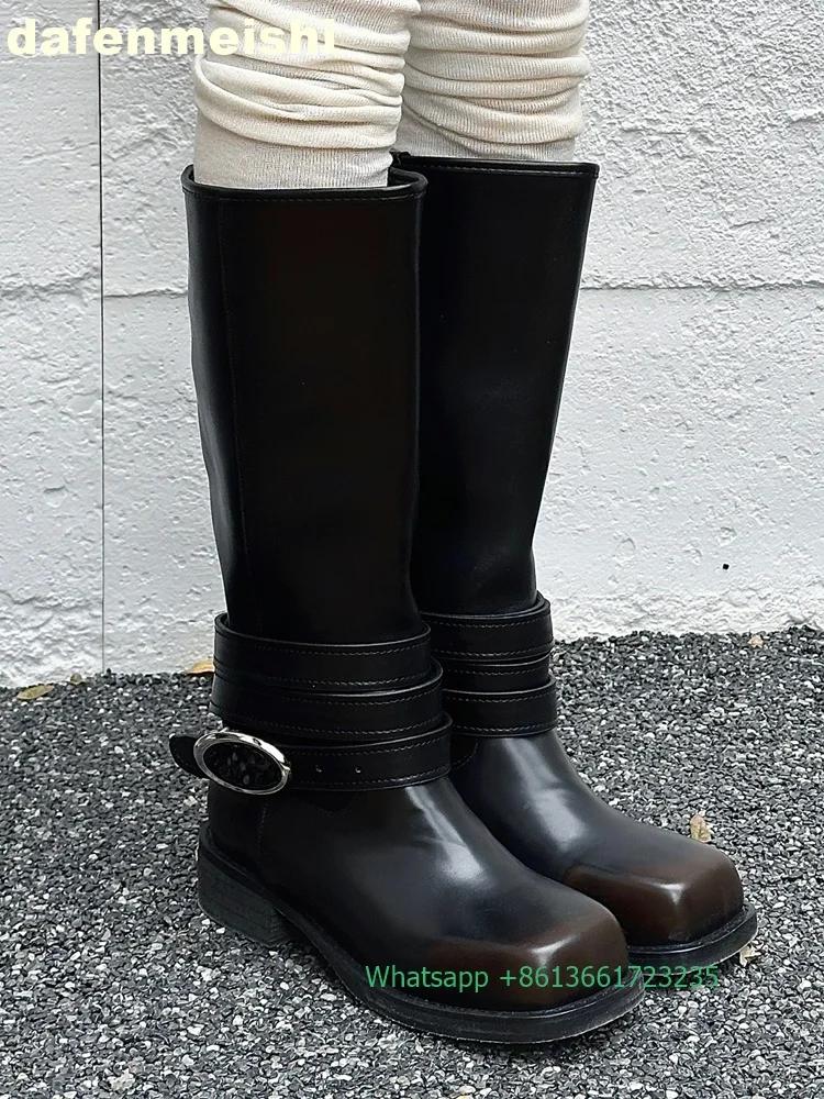 Fashion 2025 New Woman Knight Boots Ankle Straps Metal Buckle Square Toe High Boots Thick Heel Platform Western Cowboy Boots