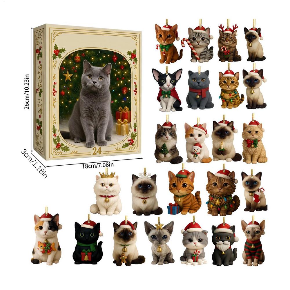 24Pcs 2D Acrylic Cute Kitten Advent Calendar 24 Days Christmas Countdown Xmas Tree Decor Advent Calendar for Cat Lovers Gifts