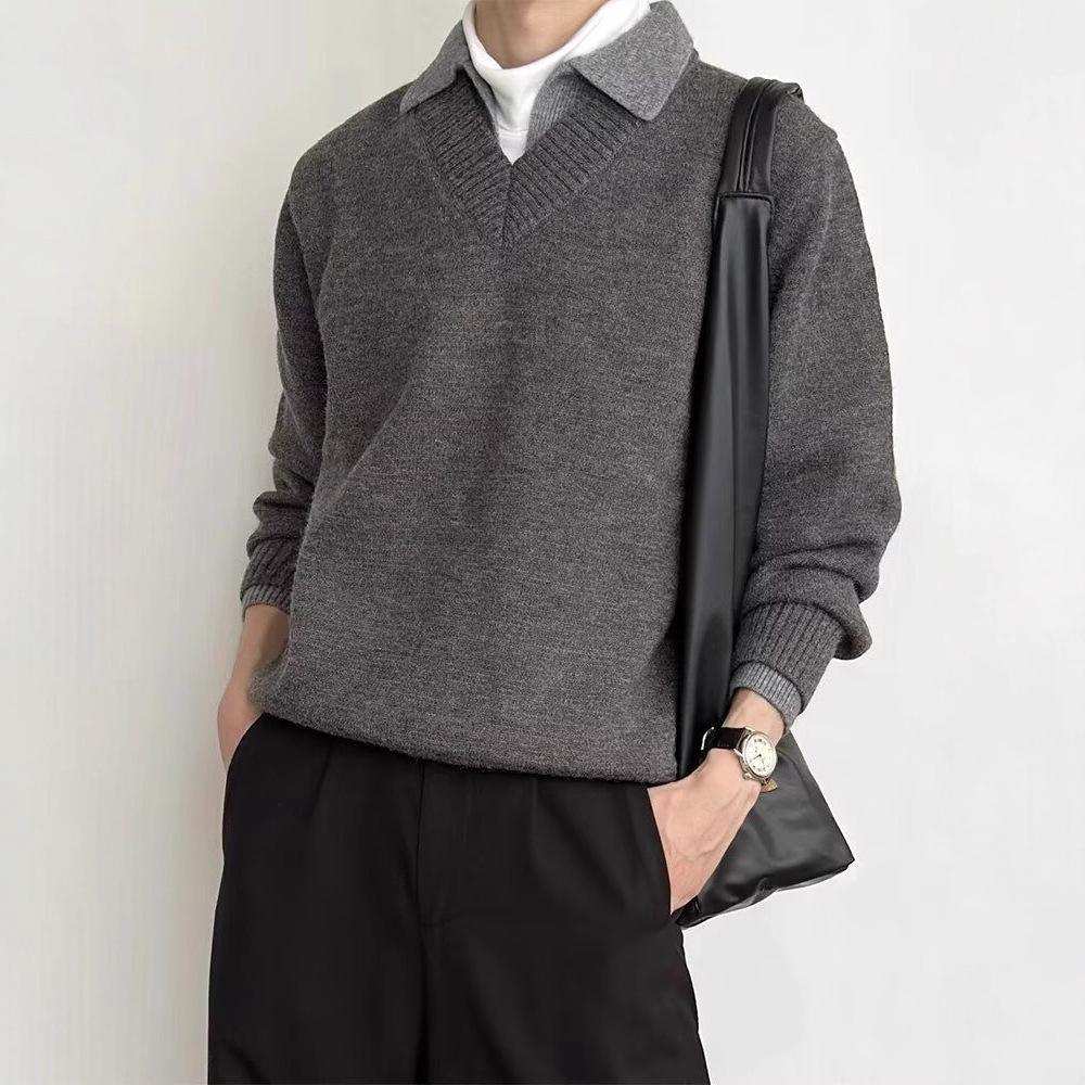 Old Money Wind Fake Two V-neck Sweater Men's Autumn High-end American Retro Knitted Polo Bottoming Shirt
