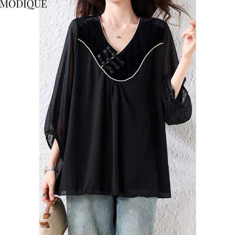 MODIQUE Spring Summer Plus Size New Women Loose Black Vintage Solid Blouse Shirts Female Casual Oversize Long Sleeve V-Neck Top