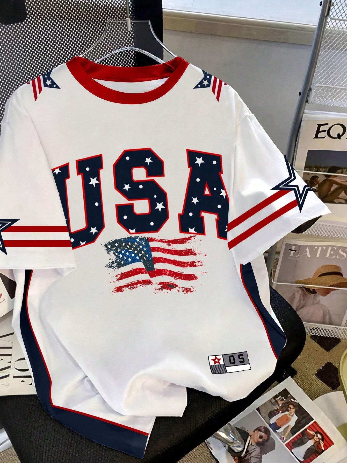 American retro Round Neck Casual Top Casual Street Style Flag Star Element T-Shirt S