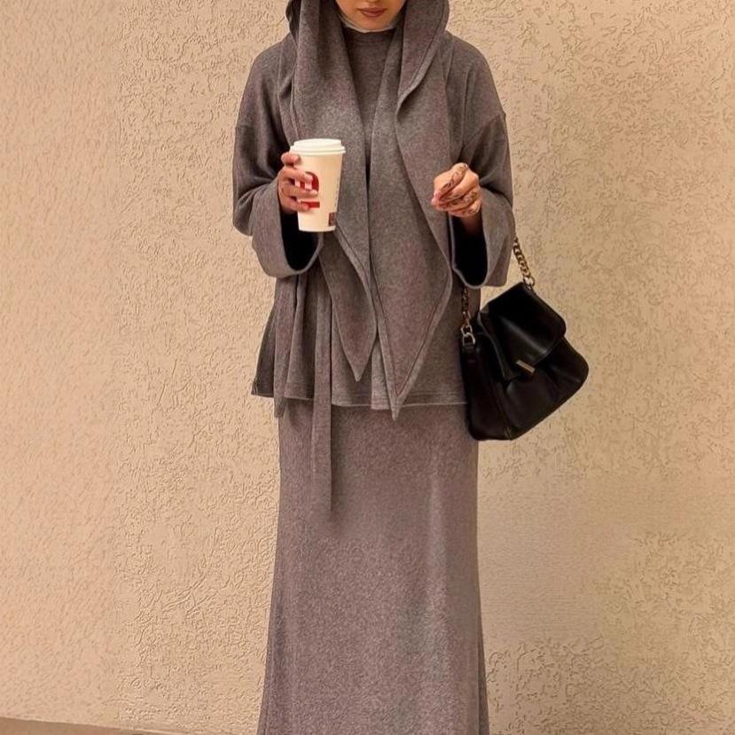  Cross-border European and American Autumn New Pullover Temperament Casual Simple Top Knitted Straight Skirt Women's Clothing