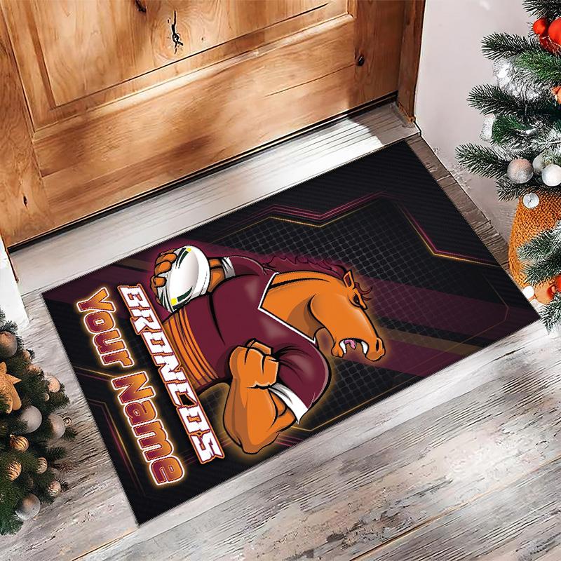 Brisbane Broncos Crystal Velvet Rug, Custom Name Text Personalized Non‑Slip Floor Mat for Home Decor Gift