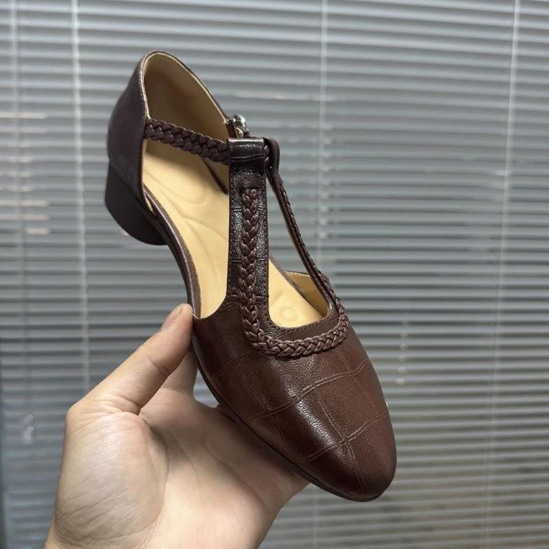 3cm/sheepskin/genuine leather thick heel sandals women's summer bag head hollow mango pointed head soft sole soft surface comfortable women's shoes