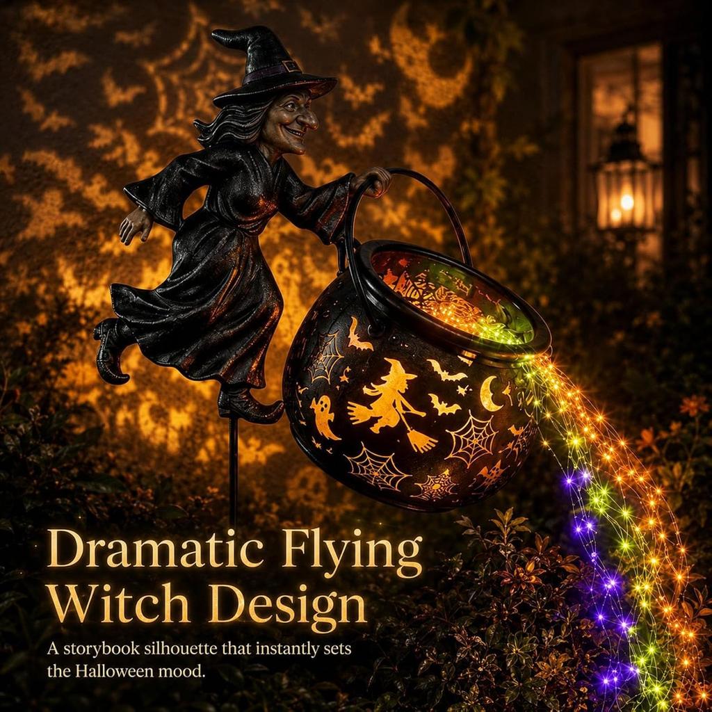 Halloween Hexe Kessel Garten LED Projektor Licht Bunter Wasserfall-Stil Lichtstrom Fliegende Hexe Gartenstab für Hof Rasen Terrasse