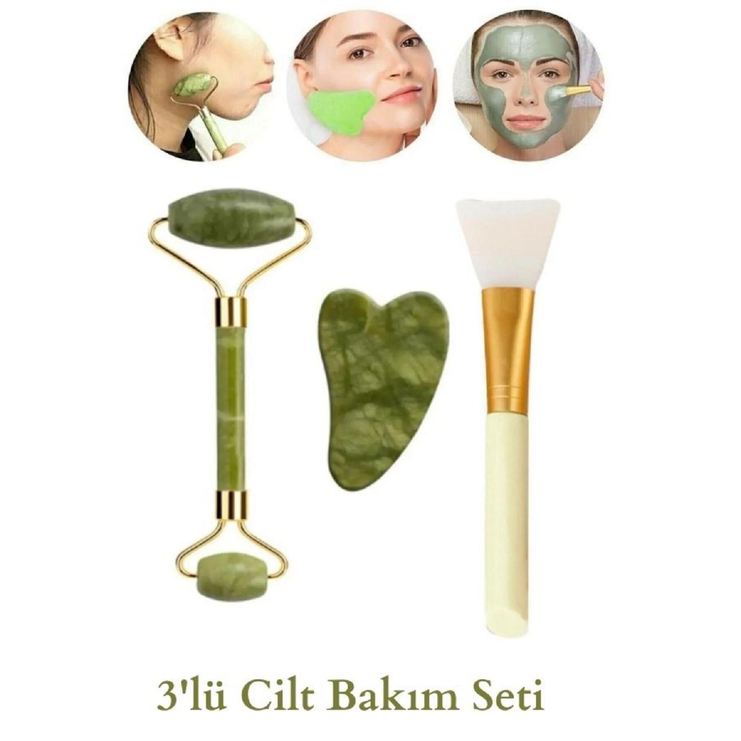 

3 -set 100 %natural Jade Stone - Heart Gua Sha - Mask Sliding Brush Skin Massage Tool Face Massage Tool зелений