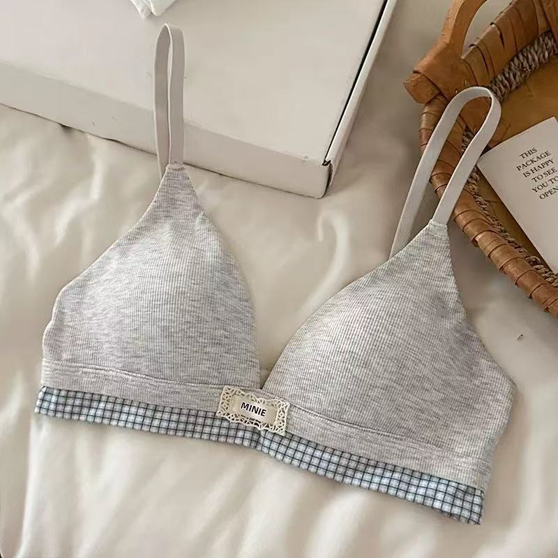 

Plaid splicing polka dot thin triangular cup without steel ring to gather small breasts, double breasts, anti-sagging bra set 32/70ABC