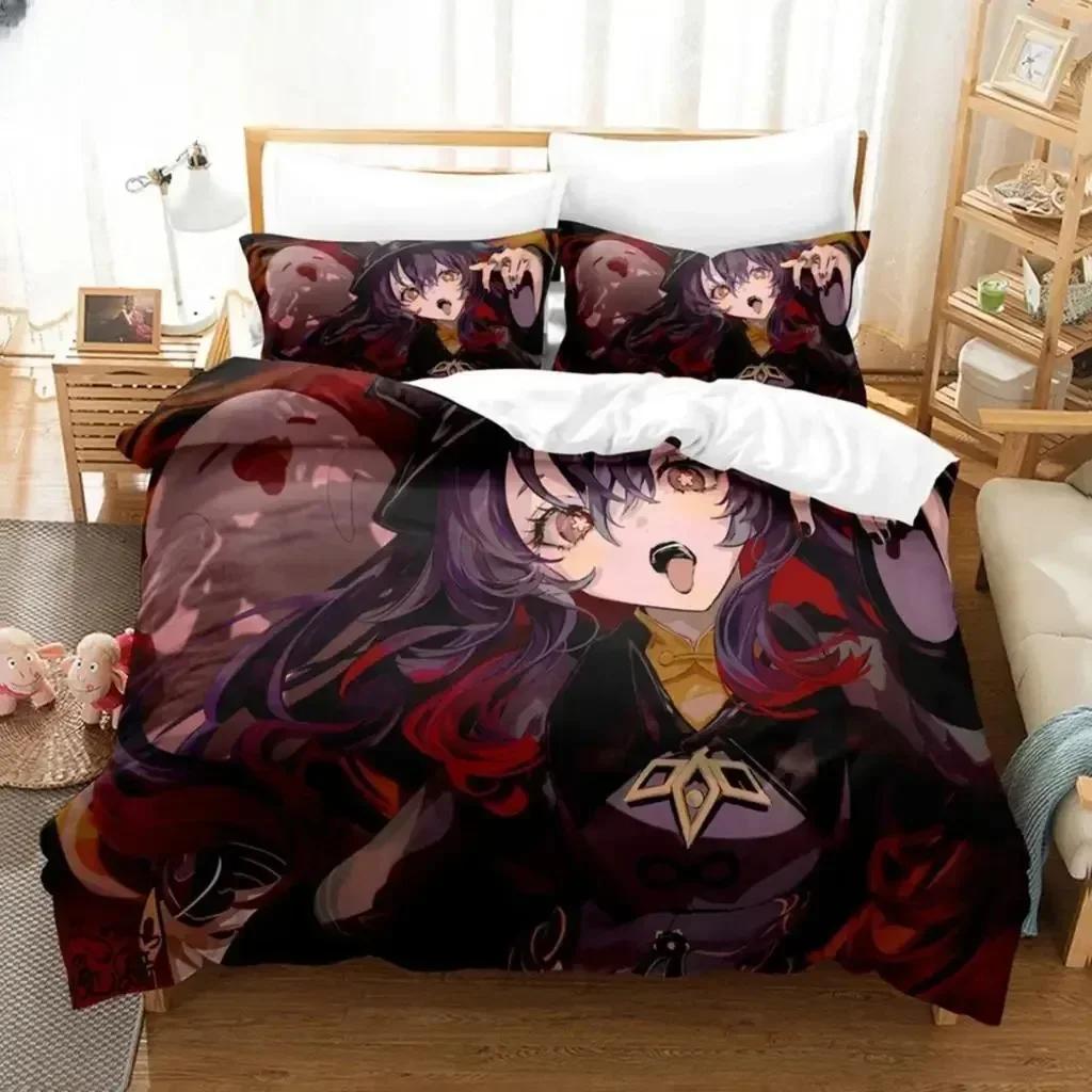 New 3D Anime Hu Tao Genshin Impact Bedding Set Printed Bed Set With Pillowcase Duvet Cover Soft Queen King Size Bedclothes Home