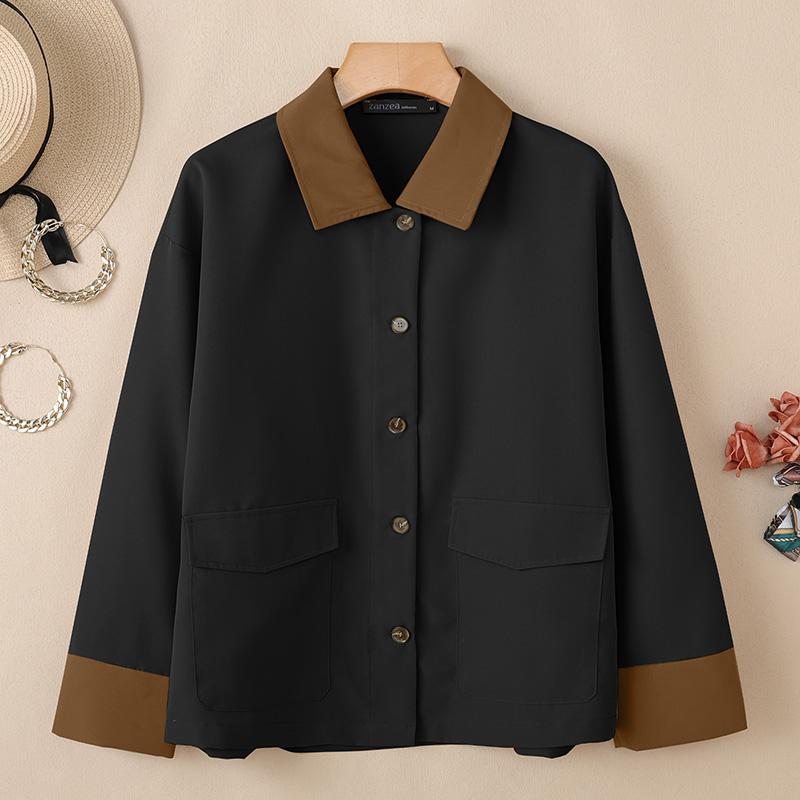 

ZANZEA Женская повседневная блузка с контрастным воротником, свободного кроя, с длинным рукавом 2XL чёрный