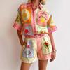 Women's Short Sleeve Shirt and Shorts Set Patchwork Design with Lace Trim