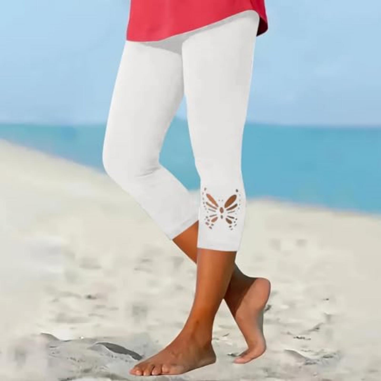 

Women s Casual -Color Butterfly Hollow Burned Cropped Pants Base Yoga Pants XL білий