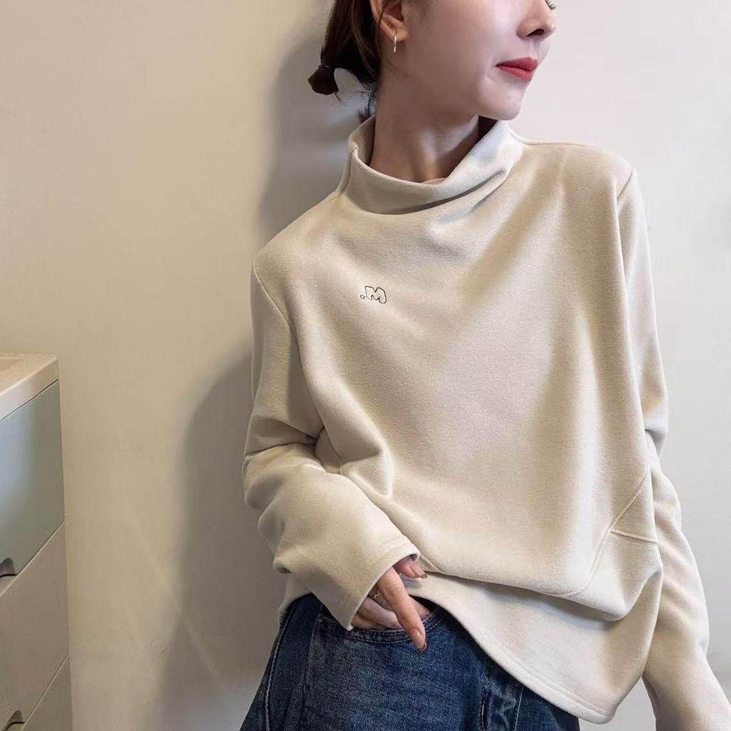 Women's Designer Long-Sleeve Fleece T-Shirt: Stylish, Versatile, Half-High Collar with High-End Embroidery