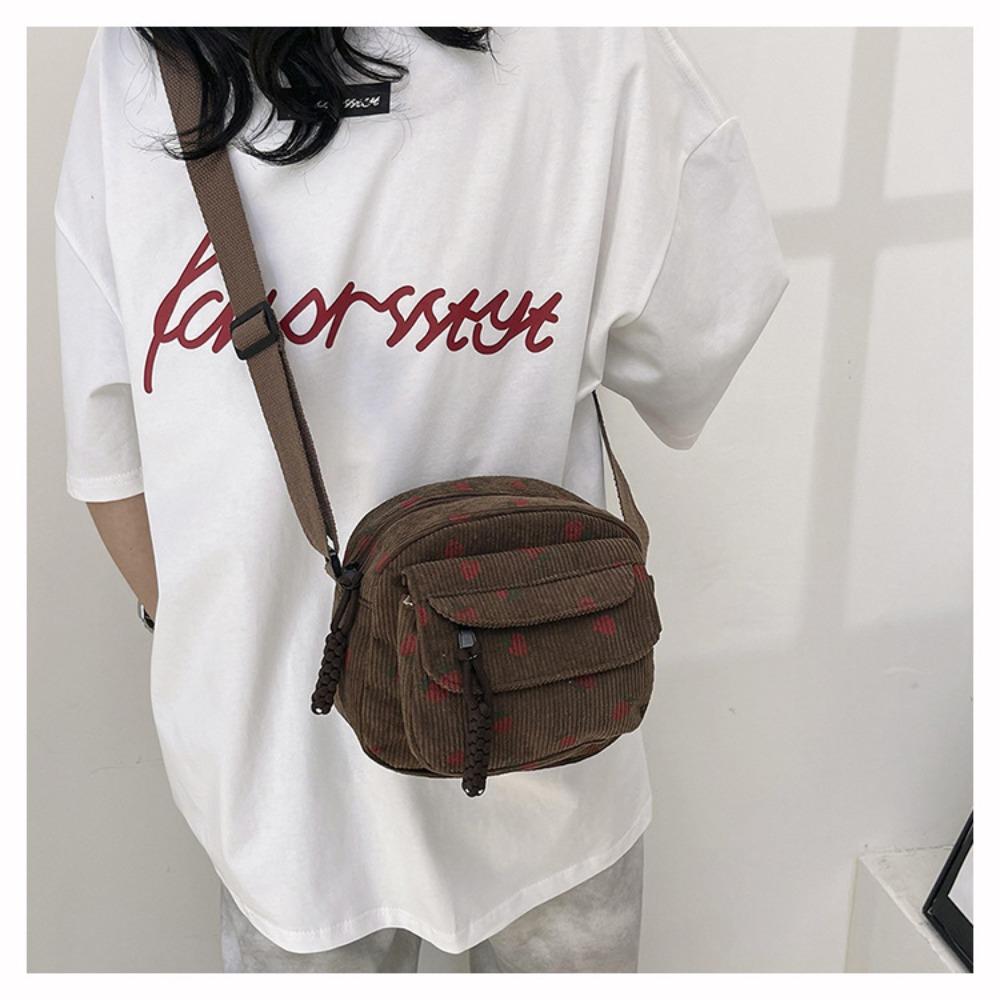 Fashion Printing Strawberry Crossbody Bag Zipper Corduroy Shoulder Bag Sweet Women Girl Large Capacity Handbag
