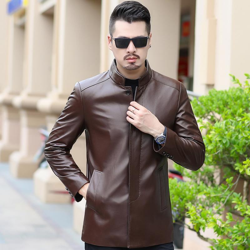 

Новые осенние и зимние мужские куртки из натуральной кожи, куртки из овчины, мужские деловые куртки средней длины с воротником-стойкой, весенняя одежда для пап 170