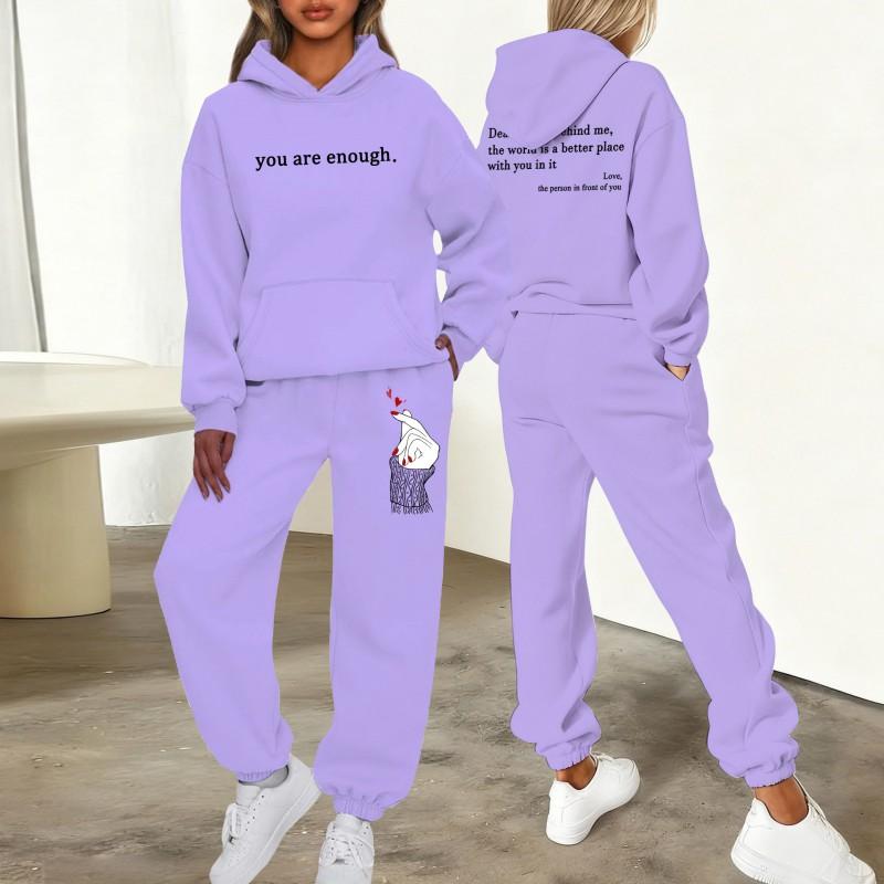 Womens Printed Letter Hooded Sweatshirt Jogger Pants Set Winter Casual Sportswear Outfit