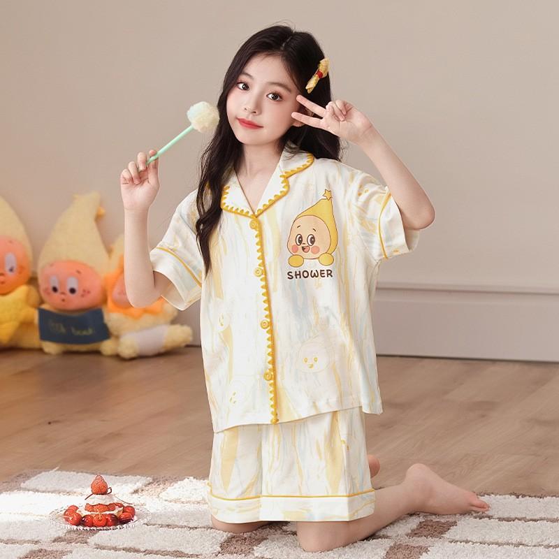 Cute Cartoon Cotton Pajama Set Girls 2026 Short Sleeve Sleepwear Kids 8 Years Lightweight Home Outfit