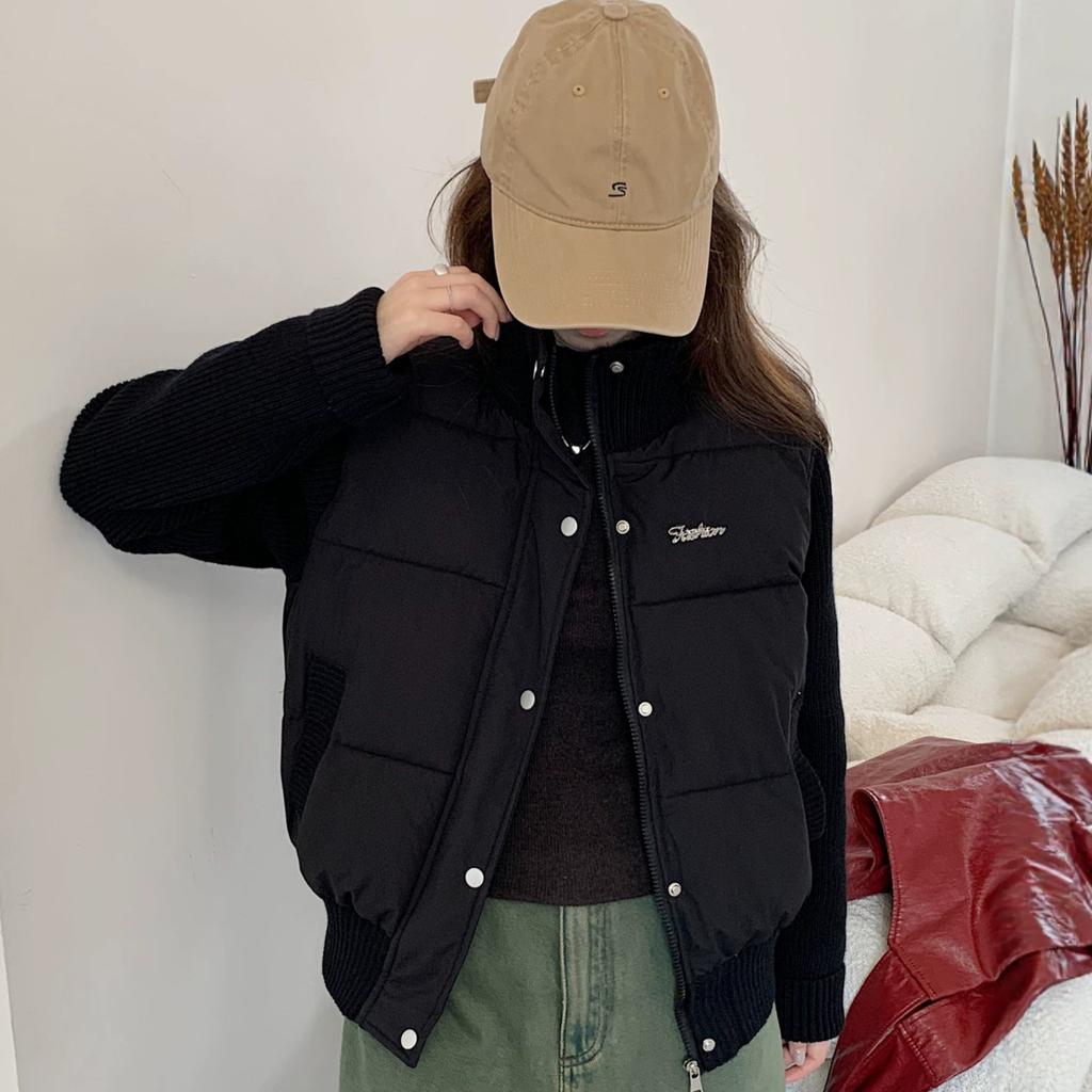 College style design splicing knitted cotton clothes women's winter stand-up collar small fragrant style foreign style age-reducing cotton-padded clot