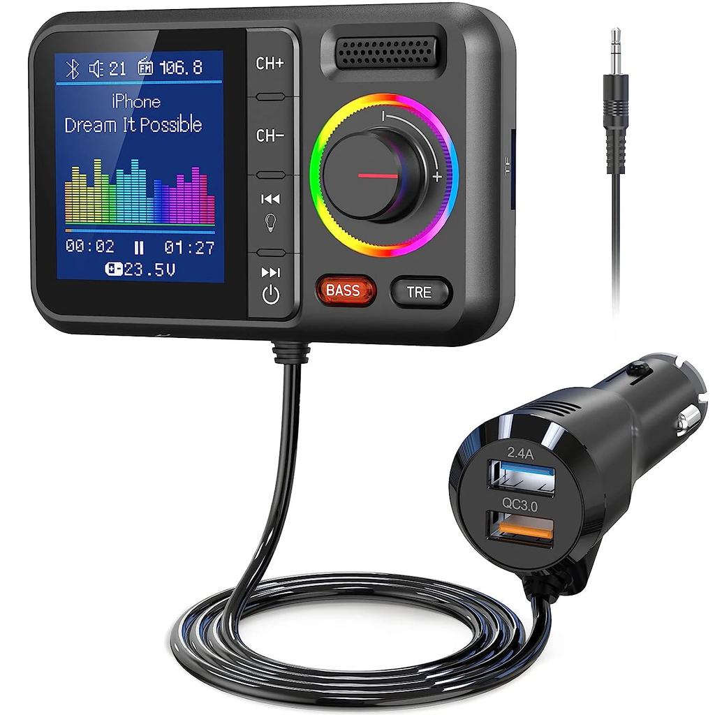 Multifunctional Fast Charging Car AUX Adapter MP3 Music Player Wireless FM Transmitter with Big Color Screen 2.4A QC3.0 Dual USB