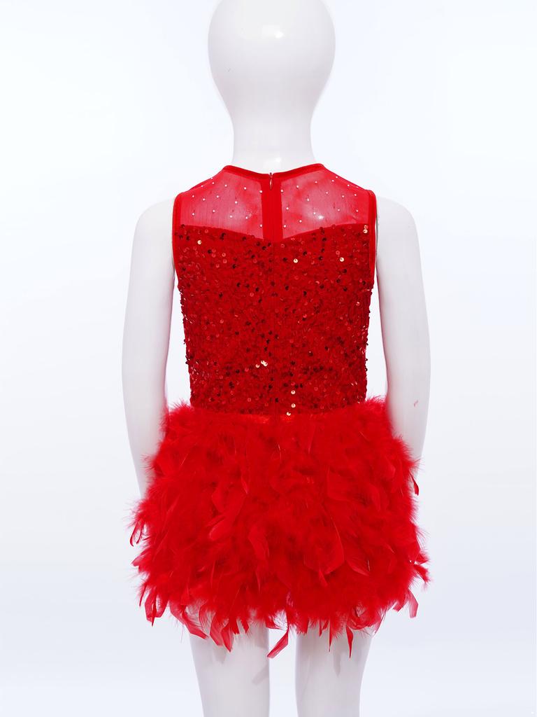 Mädchen Tanzperformancekleid: Rundhalsausschnitt Ärmellos mit Unsichtbarem Reißverschluss am Rücken, Durchsichtiges Netz, Pailletten, Feder Samt & Eingearbeiteter Slip für die Bühne