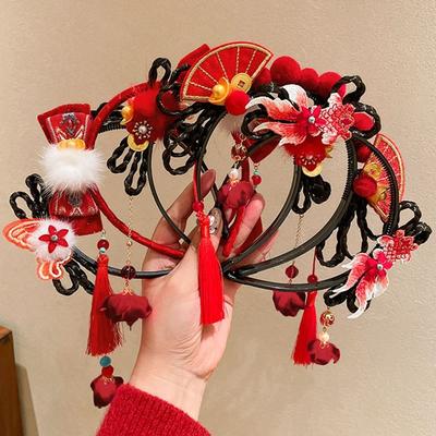 Flower Children Wig Headband Tassel Hanfu Hair Sticks Lovely Red Bow Hairband  Baby