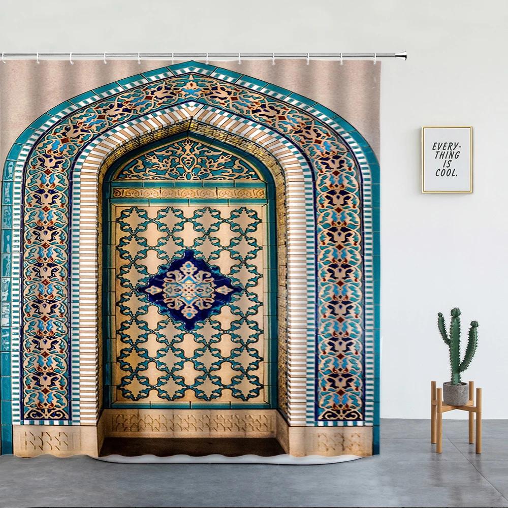 Tenda da Doccia Marocchina 3D Cancello Invecchiato Motivo Geometrico Design Porta d'Ingresso Ingresso Stile Orientale Architettonico Tende da Bagno