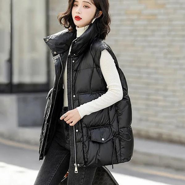 

Пуховик, жилет, женский большой размер, свободный осенне-зимний утолщенный белый утиный пуховик на молнии, уличные теплые хлопковые пальто S чёрный