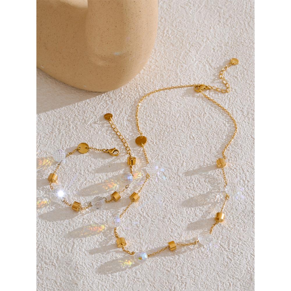Yhpup Exquisite Stainless Steel Crystal Chain Necklace Bracelet for Women Water Resistant Chic Popular Jewelry Accessories