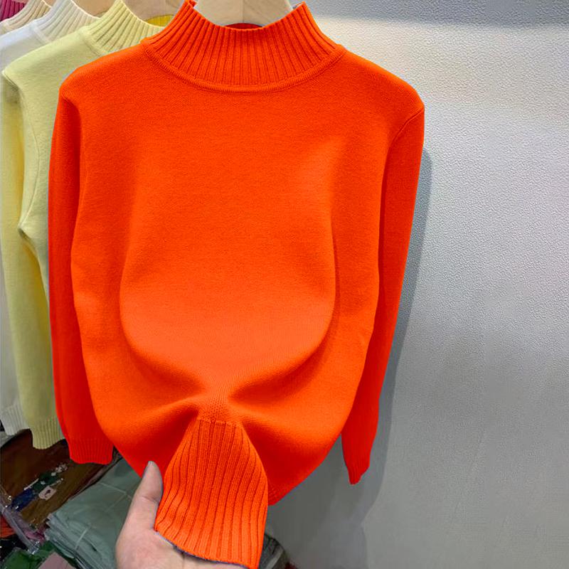 

Осенне-зимний женский толстый свитер с полувысоким воротником, с длинным рукавом, однотонный, свободный пуловер, вязаный топ XL оранжевый