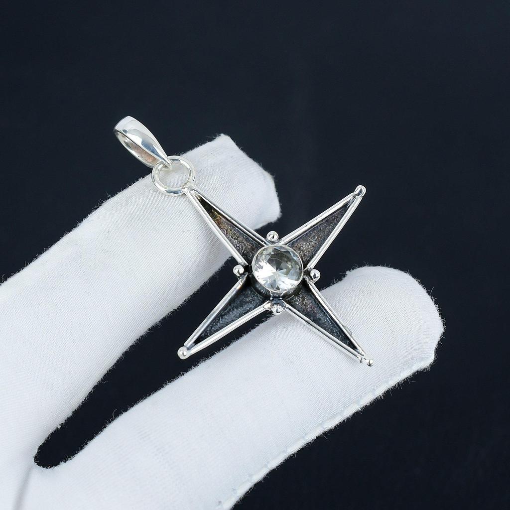 White TopazGemstone Silver Pendant In 925 Sterling Silver - Handmade Star Design, Everyday Wear Jewelry, Unique Artisan Designs Pendant Love Gift
