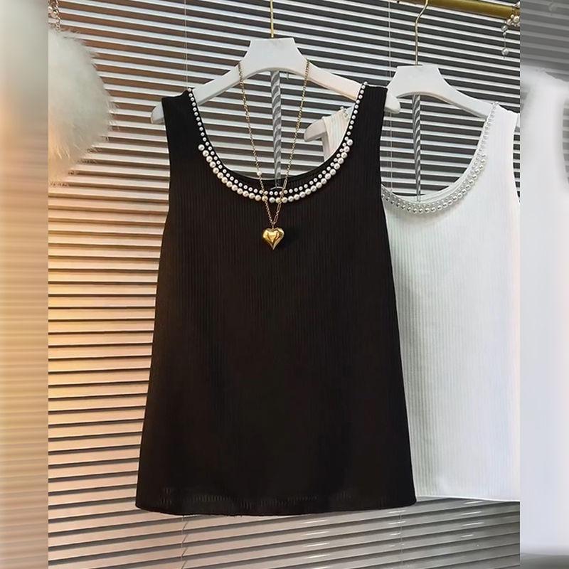 Spring and Summer Women's Casual Neckline Bead Vest Solid Color Fashion Elegant Sleeveless Knitted Simple Shirt Casual Basic Women Clothing