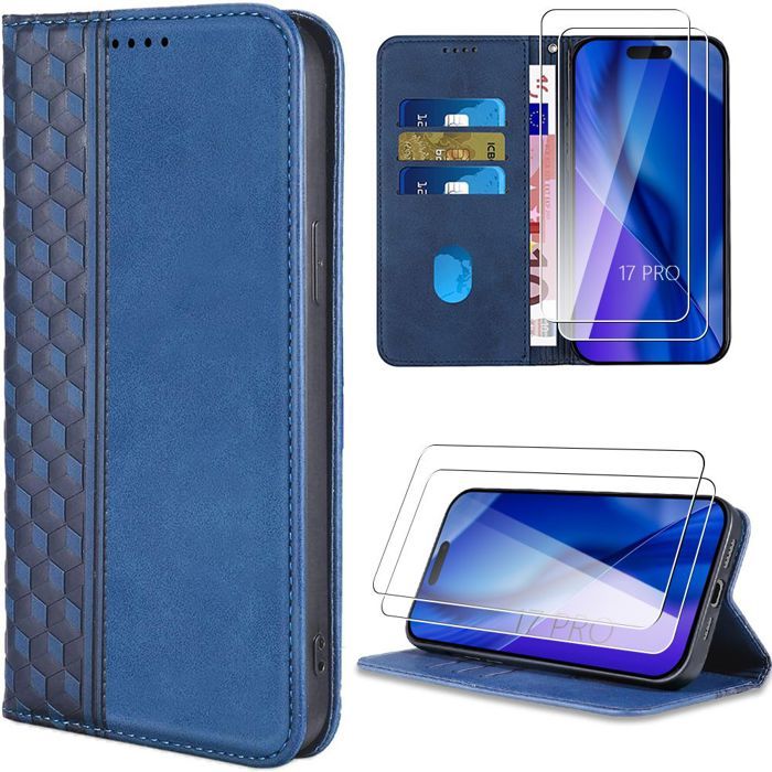 Coque pour iPhone 17 Pro, Antichoc Anti-Rayures Effet Cuir Motif Mosaïque Bleu Marine + 2 Verres Trempés