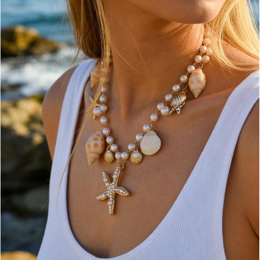 Bohemian Conch Shell Starfish Imitation Pearl Pendant Necklace for Men, Summer Beach Fashion Ocean Series Jewelry