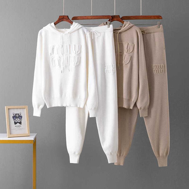 Letter Indentation Autumn and Winter Knitted Sweater Hoodie Casual Ankle Pants Two-piece Set Women's Pants Set Outfits