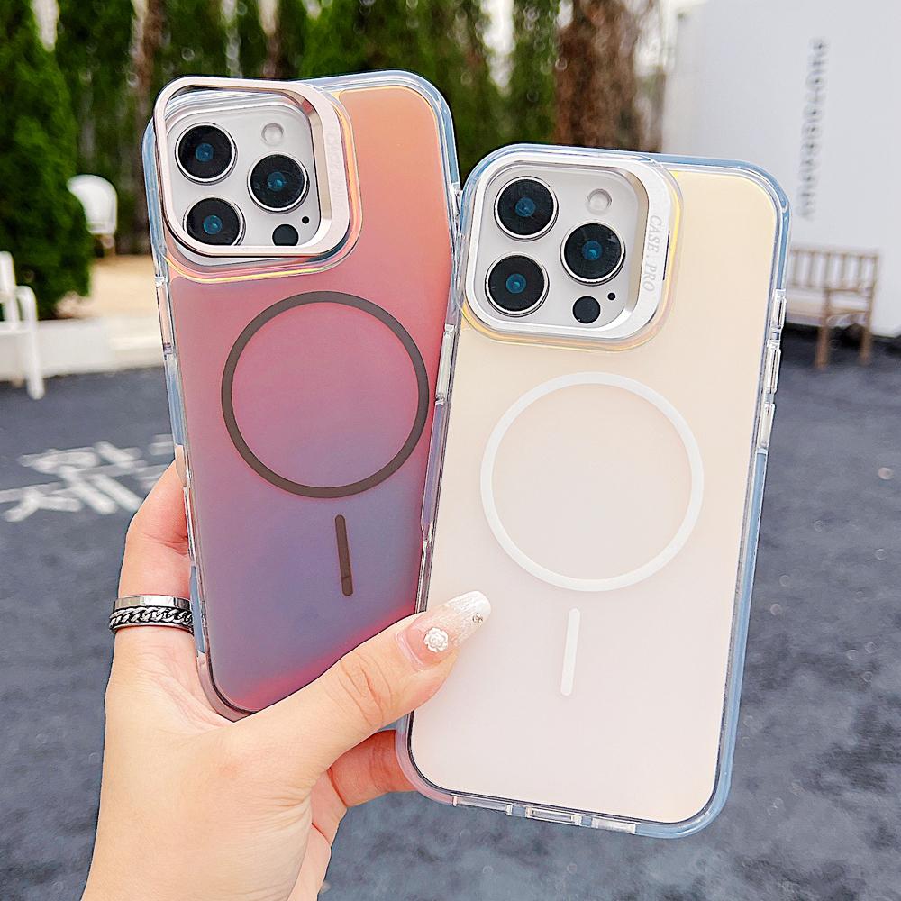 KEYSION Colorful Gradient Magnetic Lens Stand Case for iPhone 11 12 13 Pro Max for MagSafe TPU+PC Shockproof Back Cover