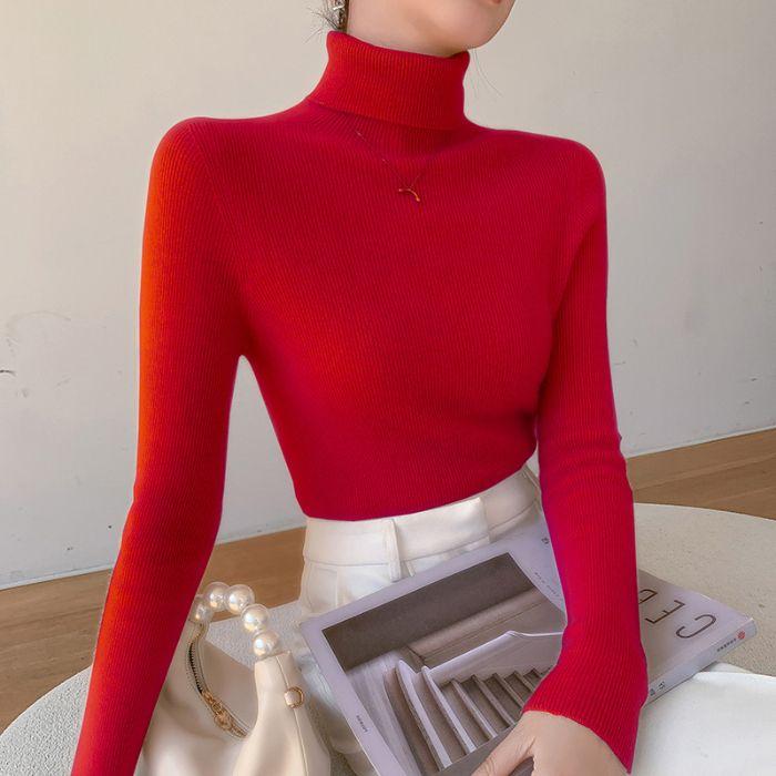 

High-neck, Warm, Elegant, Slimming Pullover Sweater, Knitted Sweater for Autumn and Winter Women s Wear one size червоний