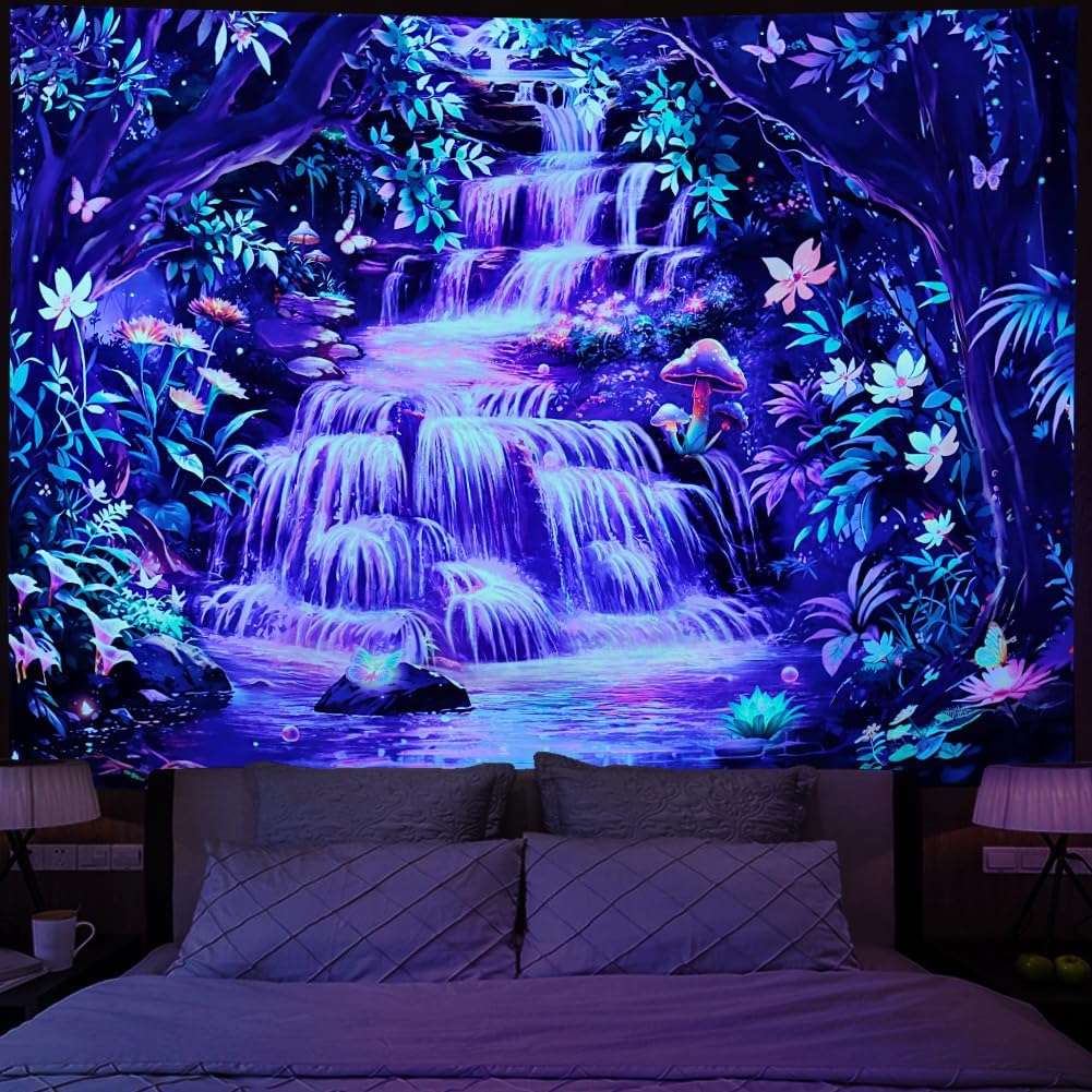 Amonercvita Blacklight Forest Tapestry Neon Tree Waterfall Tapestries UV Reactive Galaxy Space Tapestries Colorful Floral Plants Tapestry Wall