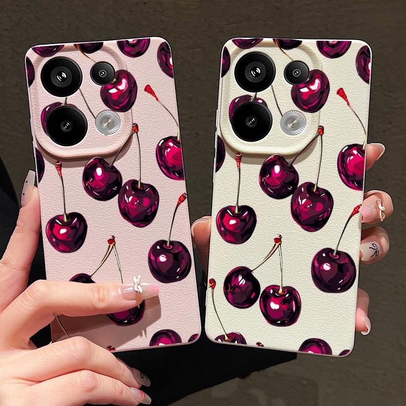 Retro Oil Painting Style Cherry Pattern Case For Xiaomi 14T 13T 11T Pro Funda Redmi Note 14 13 Pro 5G 12 11 Leather Texture Silicone Cover