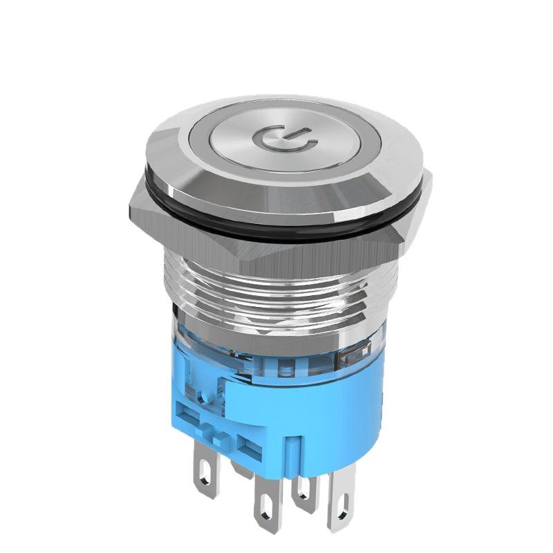 Blue Wave 19mm High Current Push Button Switch, Self-Locking Reset, Waterproof Stainless Steel, 2NO2NC