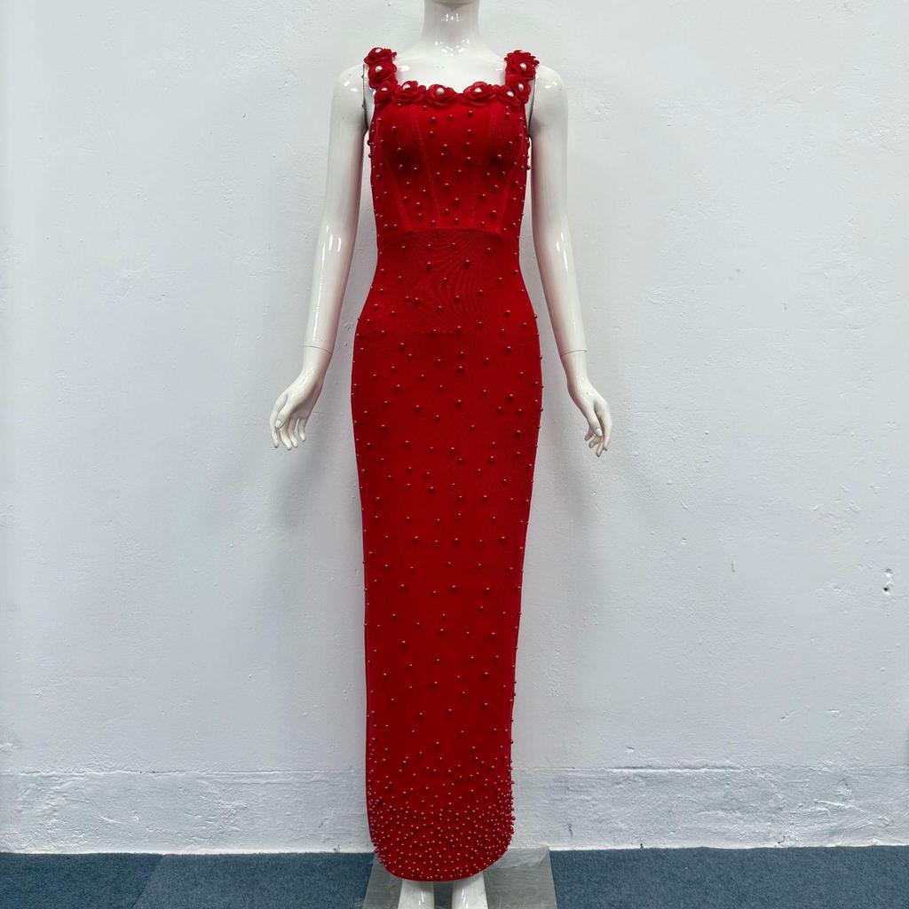 Elegante Vestido de Noite Bandage Quadrado com Alças Finas e Contas